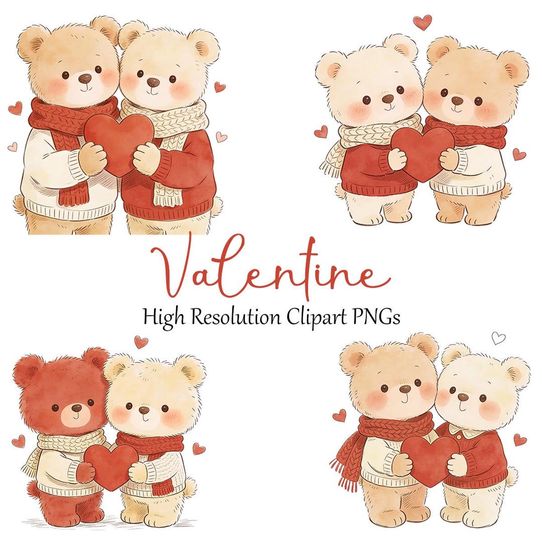 Valentine Teddy Bear Couple Clipart, Hand-drawn PNG (digital Download ...