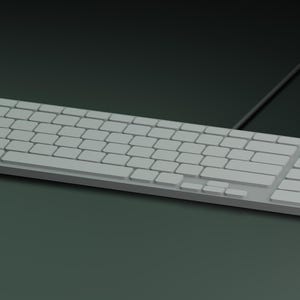 May include: A white computer keyboard with a full layout including a numeric keypad on the right side. The keyboard features a low-profile design with square keys and is connected by a thin black cable extending from the top right corner.