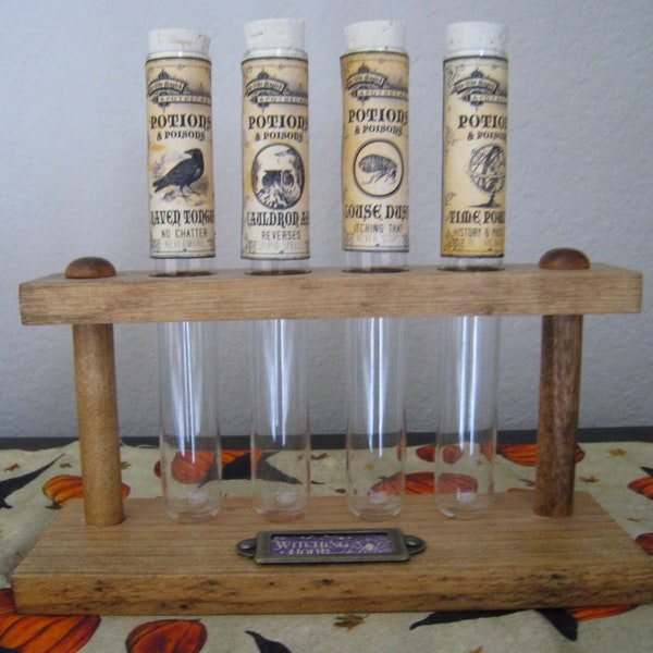 Halloween Test Tube Rack and Glass Test Tubes - Poison Labels - Apothecary - Natural Stained Wood