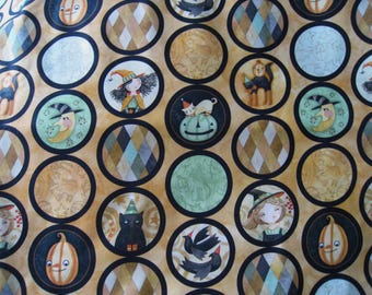May include: A fabric with a repeating pattern of circular designs. Each circle contains a Halloween-themed illustration, such as witches, cats, pumpkins, and moons. The circles are set against a tan background with diamond and patterned elements.