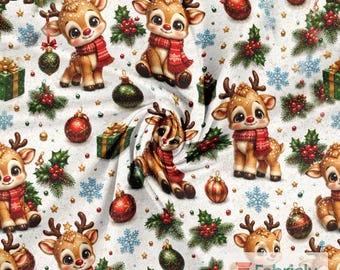 White Cute Reindeer Cotton Jersey Fabric by the Meter, GOTS Organic Stretch Knit, Holly Bauble Kids Sewing Fabric