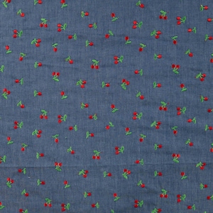 Embroidered Cherries Chambray Cotton | Denim Blue Cherry Fabric | Fruit Print Sewing