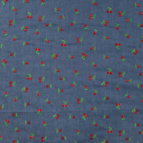 Embroidered Cherries Chambray Cotton | Denim Blue Cherry Fabric | Fruit Print Sewing