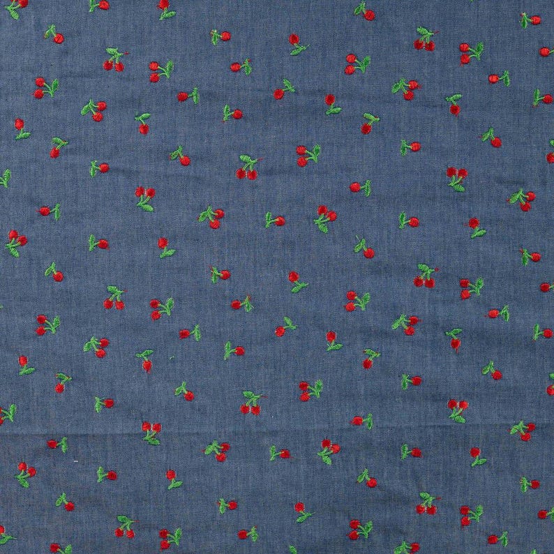 Chambray Embroidery Cherries embroidered cotton fabric close-up view 1