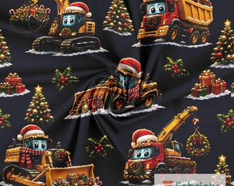 Navy Digger Truck Cotton Jersey Fabric by the Meter, GOTS Organic Stretch Knit, Christmas Crane Boys Sewing Fabric