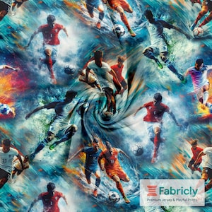 May include: A digitally rendered fabric design featuring soccer players in action. The players are depicted in motion, wearing various colored uniforms, set against a swirling background of blues, greens, and reds. The Fabricly logo is visible in the bottom right corner.