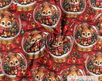 Red Reindeer Globe Cotton Jersey Fabric by the Meter, GOTS Organic Stretch Knit, Christmas Bow Kids Sewing Fabric