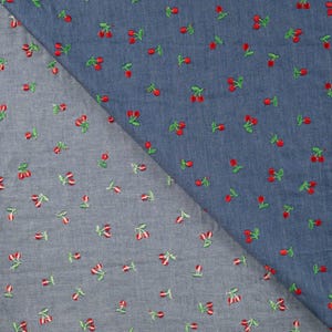 Chambray Embroidery Cherries embroidered cotton fabric close-up view 2
