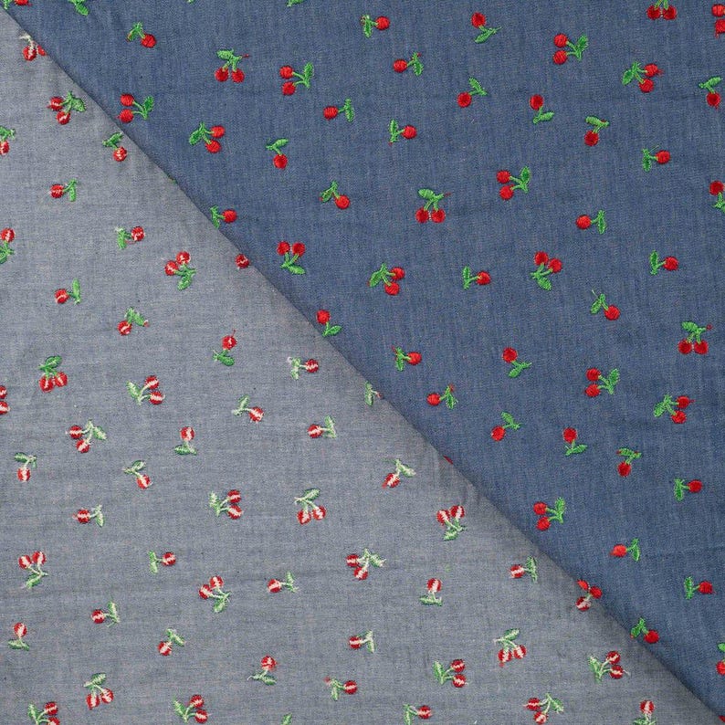 Chambray Embroidery Cherries embroidered cotton fabric close-up view 2