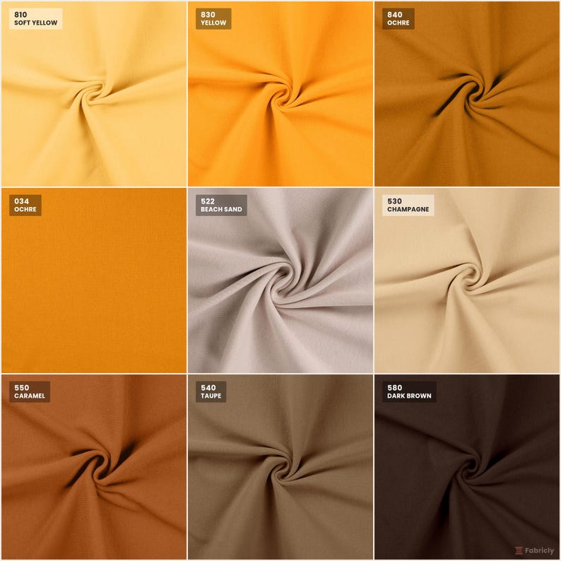 Rib cuff color chart: yellows and neutral shades with color codes