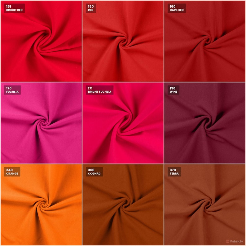 Rib cuff color chart: reds, fuchsia, and orange shades with color codes