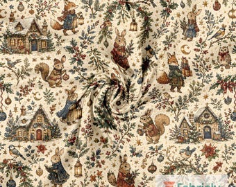 Storybook Winter Animal Cotton Jersey Fabric by the Meter, GOTS Organic Knit, Cream Folk Forest Kids Sewing Fabric