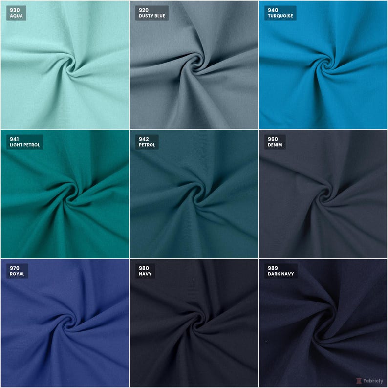 Rib cuff color chart: blues and navy shades with color codes
