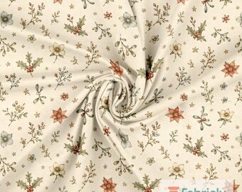 Tiny Christmas Flower Cotton Jersey Fabric by the Meter, GOTS Organic Stretch Knit, Cream Ditsy Hellebore Dress Fabric