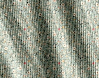 Whimsical Floral Meadow Green Rib Jersey | Rib Knit Fabric | Tops Leggings Beanies