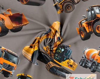 Construction Fleet Gray Cotton Jersey | Realistic Digger Print | Boys Fabric