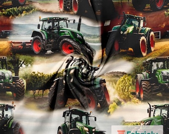 Green Farm Tractors Cotton Jersey | Realistic Harvest Print | Boys Agriculture Fabric