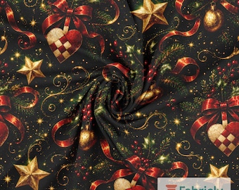 Nordic Christmas Ornament Cotton Jersey Fabric by the Meter, GOTS Organic Knit, Green Gold Star Ribbon Sewing Fabric