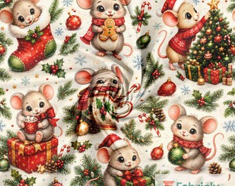 Cream Christmas Mice Cotton Jersey Fabric by the Meter, GOTS Organic Stretch Knit, Cocoa Mug Kids Sewing Fabric