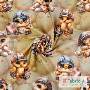 May include: Fabric with a repeating pattern of cartoon chicks wearing construction hats and carrying Easter eggs. The chicks are various shades of yellow and brown, set against a background of cracked eggshell shapes. The Fabricly logo is in the bottom right corner.