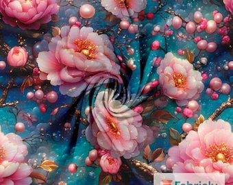 Glowing Peonies Pink Cotton Jersey | Pearl Berry Teal Print | Romantic Dressmaking Fabric