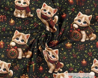 Kitten Christmas Gift Cotton Jersey Fabric by the Meter, GOTS Organic Stretch Knit, Dark Green Girls Sewing Fabric