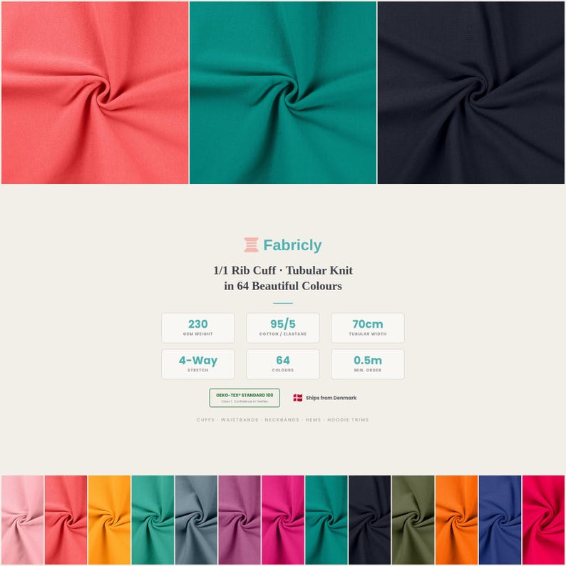 Rib cuff fabric specs: 230gsm, 70cm tubular, OEKO-TEX certified