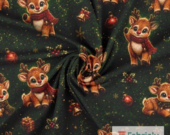 Baby Reindeer Cotton Jersey Fabric by the Meter, GOTS Organic Stretch Knit, Dark Green Bauble Kids Sewing Fabric