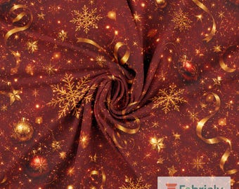 Gold Snowflake Cotton Jersey Fabric by the Meter, GOTS Organic Stretch Knit, Deep Red Ribbon Christmas Sewing Fabric