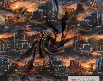 Desert Sunset Big Rig Cotton Jersey Fabric by the Meter, GOTS Organic Stretch Knit, American Truck Boys Sewing Fabric