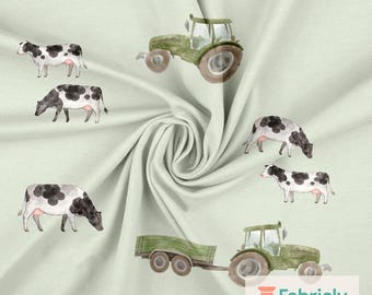 Farm Cows Green Cotton Jersey | Watercolor Tractor Print | Boys Country Fabric