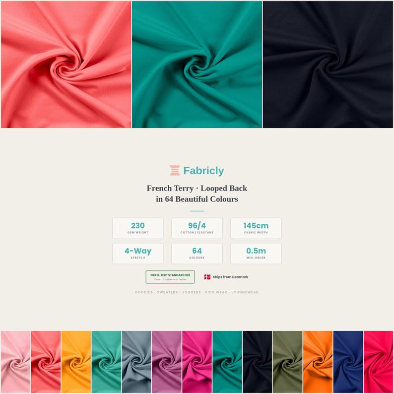 French terry unbrushed specs: 230gsm, 145cm, OEKO-TEX certified