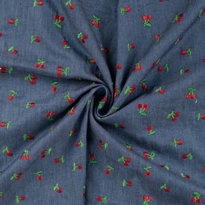 Chambray Embroidery Cherries embroidered cotton fabric close-up view 3