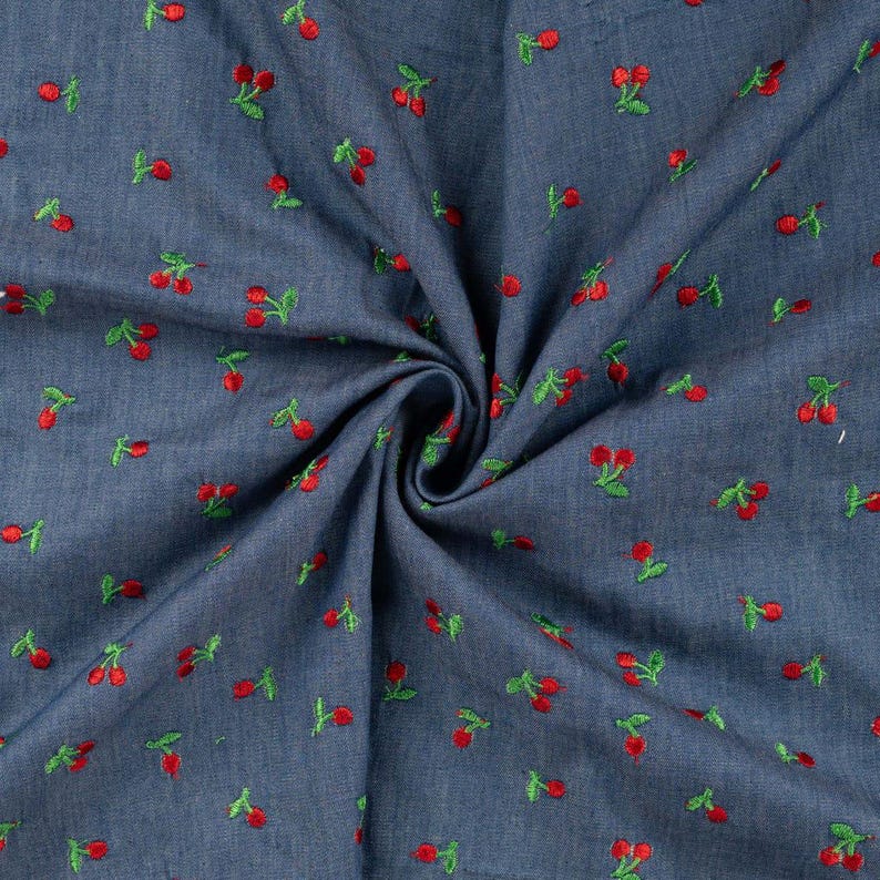 Chambray Embroidery Cherries embroidered cotton fabric close-up view 3