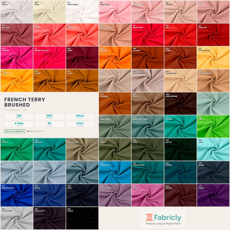 Color Terry Cloth French Terry Brushed Fabric 60 Colors | Solid Color Stretch Knit by the ...