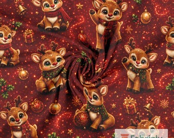 Red Christmas Reindeer Cotton Jersey Fabric by the Meter, GOTS Organic Stretch Knit, Gold Bauble Kids Sewing Fabric