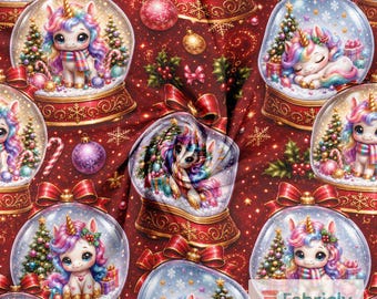 Red Unicorn Christmas Cotton Jersey Fabric by the Meter, GOTS Organic Stretch Knit, Rainbow Mane Girls Sewing Fabric