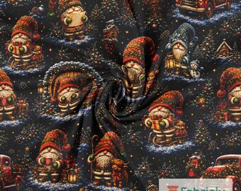 Navy Nisse Gnome Cotton Jersey Fabric by the Meter, GOTS Organic Stretch Knit, Scandinavian Christmas Sewing Fabric