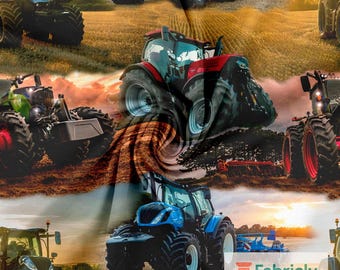 Mixed Tractors Fieldwork Cotton Jersey | Multi-Brand Farm Print | Boys Harvest Fabric
