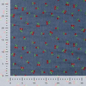 Chambray Embroidery Cherries embroidered cotton fabric close-up view 4