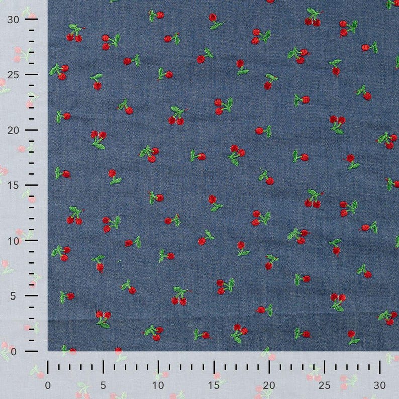 Chambray Embroidery Cherries embroidered cotton fabric close-up view 4