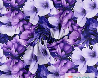Tela de jersey de algodón oscuro con estampado de flores de verano en blanco y morado / Tela para costura con estampado de jardín exuberante y llamativo