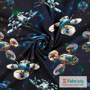 May include: Dark navy fabric featuring a repeating pattern of detailed, futuristic drones in shades of blue, teal, and gold. The drones are set against a backdrop of interconnected, glowing lines and dots. The Fabricly logo is visible in the bottom right corner.