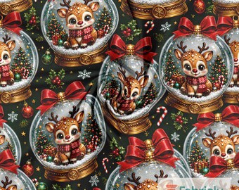 Reindeer Snow Globe Cotton Jersey Fabric by the Meter, GOTS Organic Stretch Knit, Green Red Bow Kids Sewing Fabric