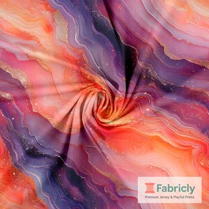 May include: A colourful fabric featuring a swirling pattern in orange, pink, purple, and gold. The material has a marbled effect with glitter highlights, creating a luxurious and artistic appearance. The Fabricly logo is visible in the bottom right corner.