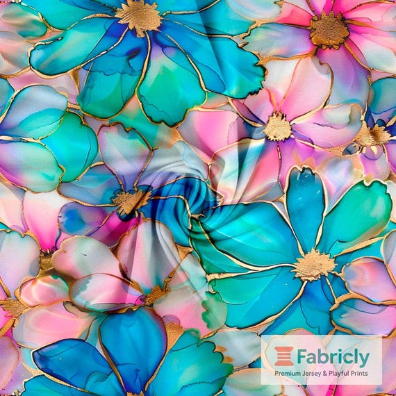 Alcohol Ink Flowers Cotton Jersey | Blue Pink Gold Bloom Print | Watercolor Art Fabric