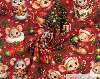 Christmas Mouse Cotton Jersey Fabric by the Meter, GOTS Organic Stretch Knit, Red Gingerbread Girls Sewing Fabric