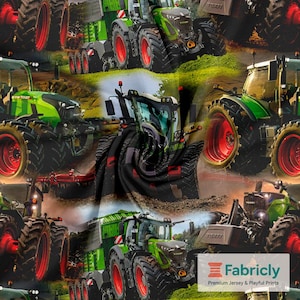 Vivid Green Vehicle Neon Field Cotton Jersey | Saturated Farm Print | Boys Fabric