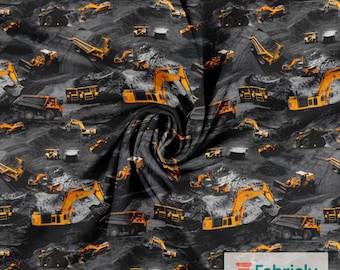 Dark Quarry Construction Cotton Jersey | Realistic Excavator Print | Boys Fabric