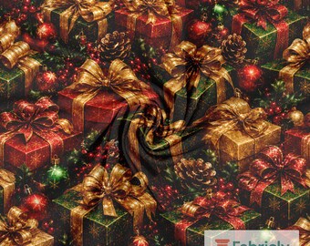 Christmas Gift Box Cotton Jersey Fabric by the Meter, GOTS Organic Stretch Knit, Red Green Gold Bow Sewing Fabric